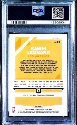 Kawhi Leonard 2019 Panini Donruss Optic Purple #30 PSA 10 back